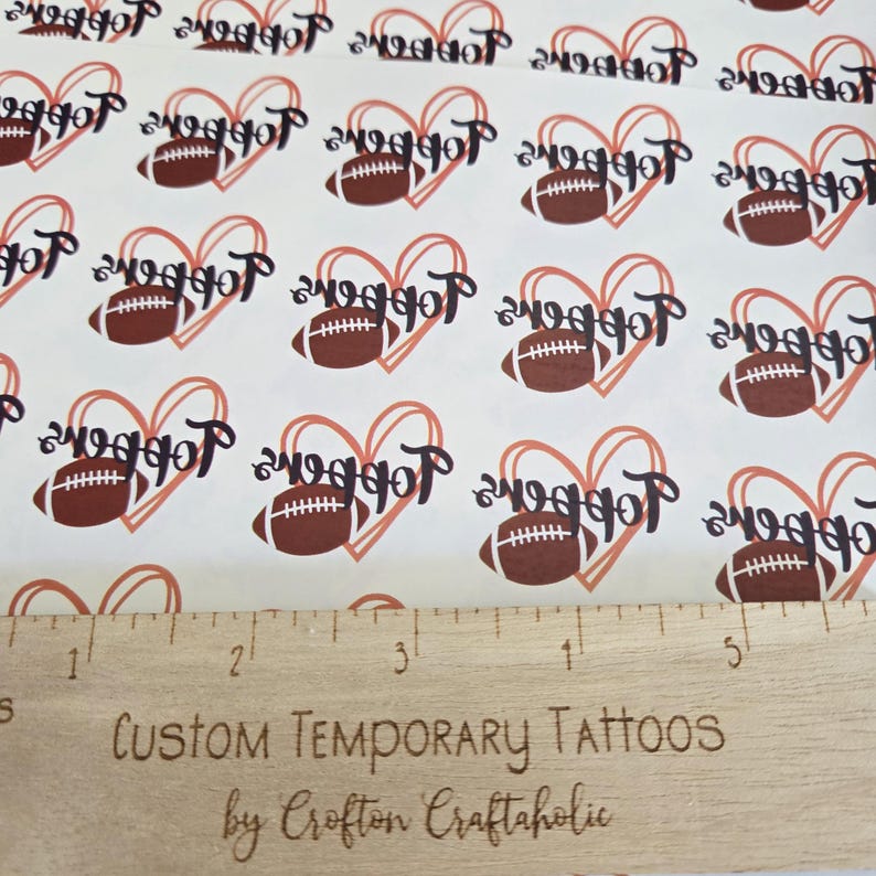 Custom Temporary Tattoos for football games - cheerleader tattoos with pom pom, football with heart, Team Spirit, School colors, High school heart w/ football
