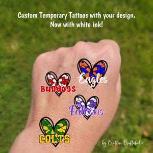Custom Temporary Tattoos for football games - cheerleader tattoos with heart pom poms and custom text, Team Spirit, School colors, mascot