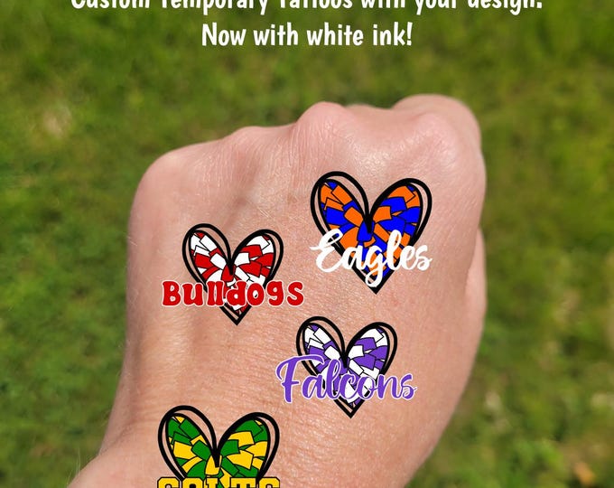Custom Temporary Tattoos for football games - cheerleader tattoos with heart pom poms and custom text, Team Spirit, School colors, mascot