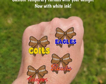 Custom Temporary Tattoos for football games - cheerleader tattoos with coquette bow and custom text, Team Spirit, team mascot, school colors