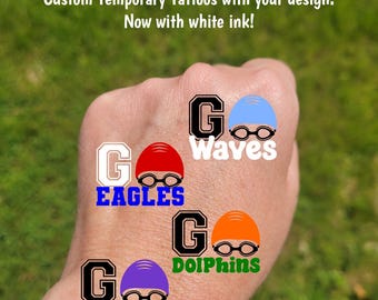 Custom Temporary Tattoos for Swim Teams - Swim cap and goggles, Team Spirit, School colors mascot, High school swim team, swim club swag, GO