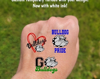 Custom Bulldogs Temporary Tattoos for football games - cheerleader tattoos with bulldog mascot, Team Spirit, School colors, High school