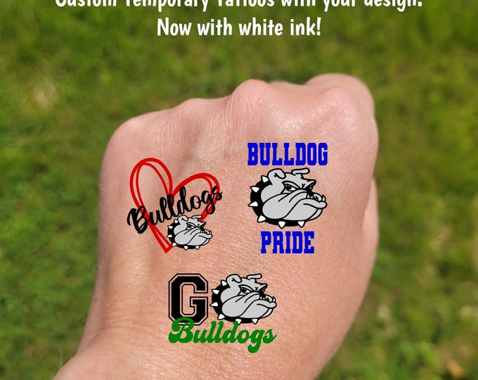 Custom Bulldogs Temporary Tattoos for football games - cheerleader tattoos with bulldog mascot, Team Spirit, School colors, High school