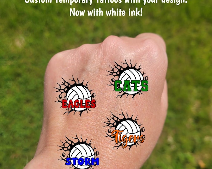 Custom Temporary Tattoos for volleyball games - volleyball through wall custom text, Team Spirit, School colors, mascot, tournament gift