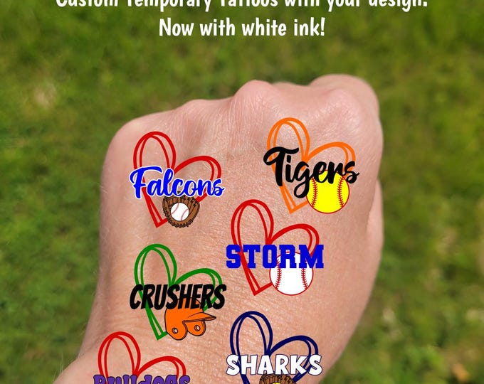 Custom Temporary Tattoos for baseball or softball - heart with softball or baseball and custom text, Team Spirit, School colors, tournament