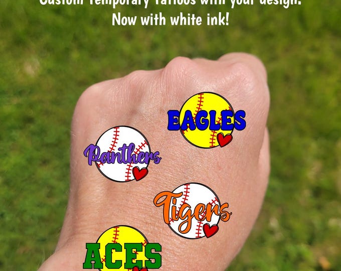 Custom Temporary Tattoos for baseball or softball - softball or baseball with heart and custom text, Team Spirit, School colors, tee ball