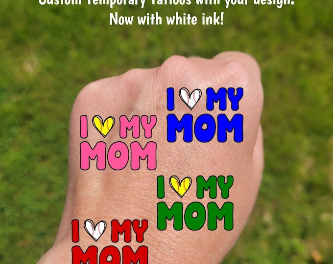 Custom Temporary Tattoos for Mother's Day - baseball or softball heart with MOM, I love my MOM, Team colors, travel tournament, baseball mom