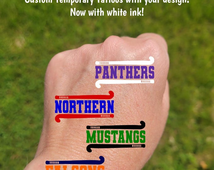 Custom Temporary Tattoos for Field Hockey Teams - Team Spirit, School Spirit, hockey stick frame, High school field hockey fan essentials