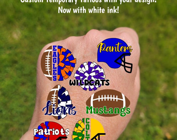 Custom Temporary Tattoos for football games - cheerleader tattoos with pom pom, football with heart, Team Spirit, School colors, High school