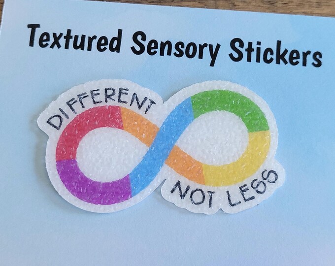Different Not Less Rainbow Infinity Symbol Textured Sensory Sticker, tactile fidget for calming, texture strips for neurodiversity, autism