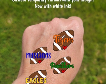 Custom Temporary Tattoos for football games - cheer tattoos with sketch football heart custom text, Team Spirit, School colors, Mascot