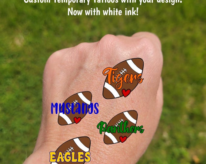 Custom Temporary Tattoos for football games - cheer tattoos with sketch football heart custom text, Team Spirit, School colors, Mascot
