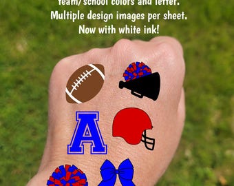 Custom Temporary Tattoos for football games - cheerleader tattoos with pom pom, football with heart, Team Spirit, School colors, High school