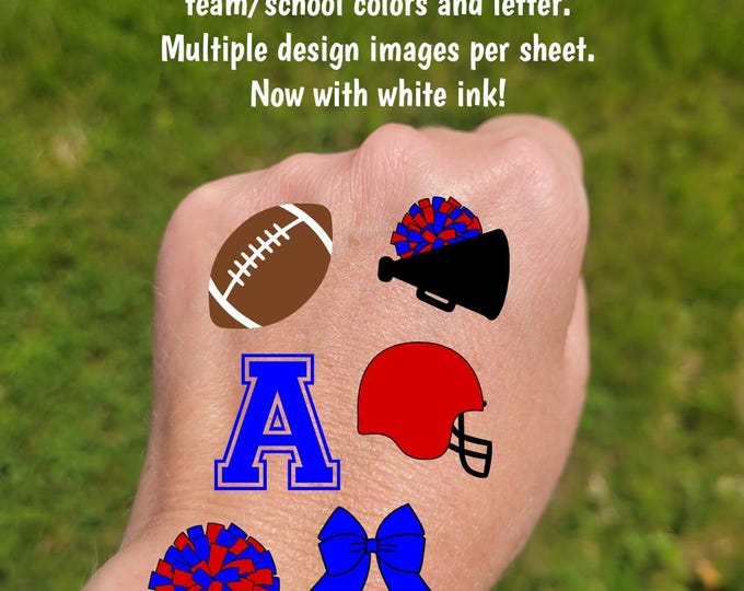 Custom Temporary Tattoos for football games - cheerleader tattoos with pom pom, football with heart, Team Spirit, School colors, High school