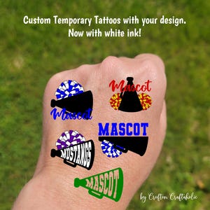 Custom Temporary Tattoos for cheerleaders - tattoos with pom pom and megaphone, Team Spirit, School colors, High school football games