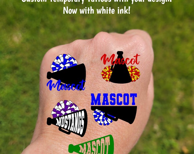 Custom Temporary Tattoos for cheerleaders - tattoos with pom pom and megaphone, Team Spirit, School colors, High school football games