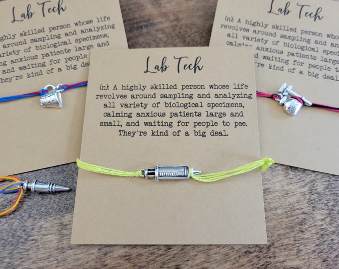 Lab Tech String bracelet and gift card - adjustable bracelet or anklet, Medical Lab Technician gift, syringe charm, lab tech jewelry