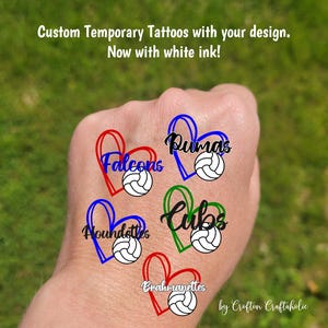 Custom Temporary Tattoos for volleyball games - volleyball with heart and custom text, Team Spirit, School colors, mascot, club team gift