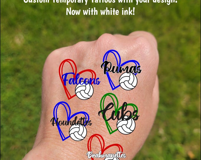 Custom Temporary Tattoos for volleyball games - volleyball with heart and custom text, Team Spirit, School colors, mascot, team gift