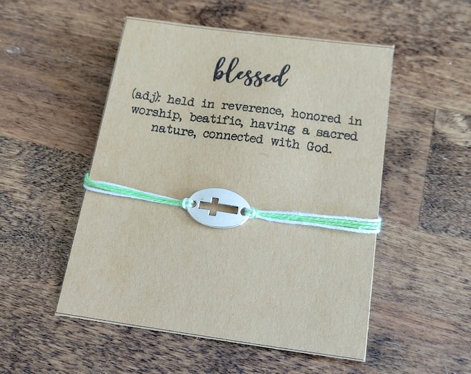Cross connector charm string bracelet and gift card - adjustable bracelet or anklet, first communion gift, confirmation gift, friendship