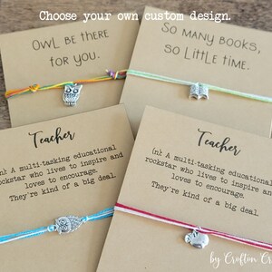 School charm bracelet, apple, owl, book, teacher appreciation gift, string charm bracelet or anklet, bookworm birthday gift, back to school