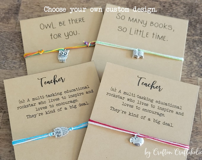 School charm bracelet, apple, owl, book, teacher appreciation gift, string charm bracelet or anklet, bookworm birthday gift, back to school