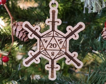 D20 snowflake Christmas ornament - ornament for D&D player, Dungeons and Dragons, D20 sword, geek gift, tabletop gaming, dungeon master gift
