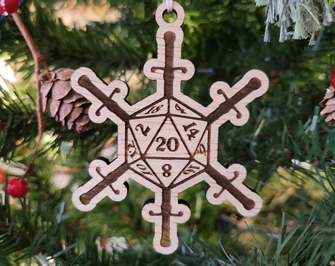 D20 snowflake Christmas ornament - ornament for D&D player, Dungeons and Dragons, D20 sword, geek gift, tabletop gaming, dungeon master gift