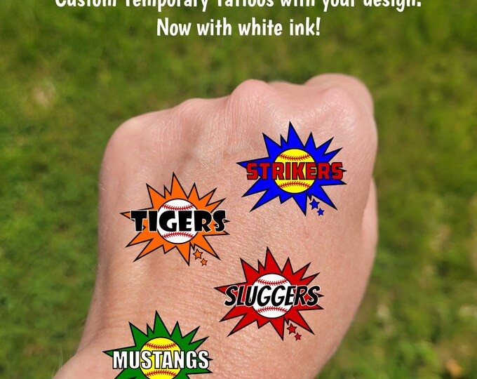 Custom Temporary Tattoos for Softball / Baseball / Tee ball - ball with superhero bubble, Team Spirit, travel team tournament, boom, pow