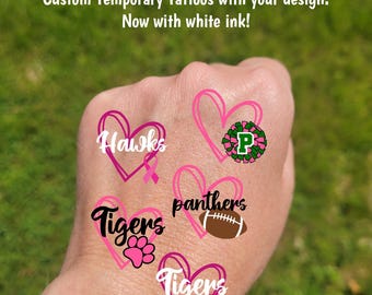 Custom Temporary Tattoos for beast cancer awareness football games - cheerleader tattoos with pom pom, football with heart, pink out game