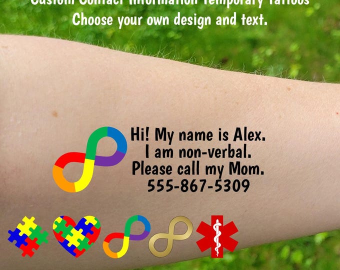Custom Temporary Contact Info Tattoos - Name / Phone Number tattoos for individuals that have autism and/or are nonverbal, rainbow infinity