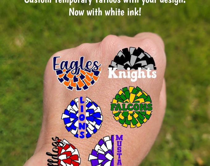 Custom Temporary Tattoos for cheerleaders - tattoos with pom pom custom text colors, Team Spirit, School colors, High school football games