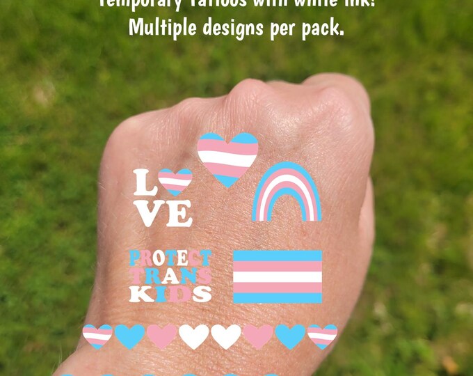 Protect Trans Kids Temporary Tattoos for parades and events - Transgender temporary tattoos, LGBTQ+ Ally, Trans Flag hearts and rainbows