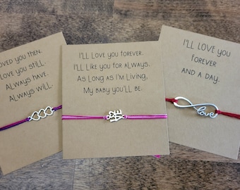 Infinity love or heart charm string bracelet and gift card - adjustable bracelet or anklet, friendship bracelet, Valentine's Day gift kids