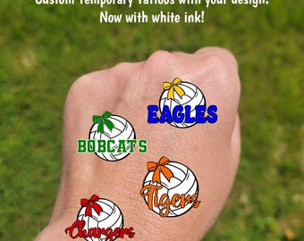 Custom Temporary Tattoos for volleyball games - sketch volleyball with coquette bow and custom text, Team Spirit, School colors mascot
