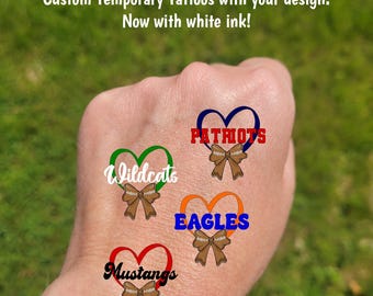 Custom Temporary Tattoos for football games - cheerleader tattoos with ribbon heart coquette bow and custom text, Team Spirit, school mascot