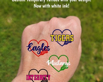 Custom Temporary Tattoos for Lacrosse - heart with lacrosse stick and custom text, Team Spirit, club team party favors, tournament gift bags