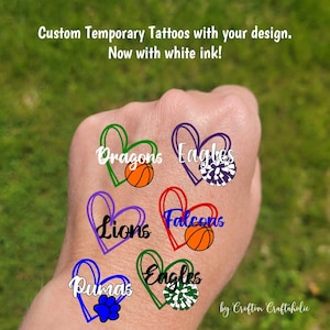Custom Temporary Tattoos for basketball games - cheerleader tattoos with pom pom, basketball with heart, Team Spirit, School colors, mascot