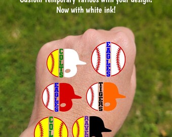 Custom Temporary Tattoos for baseball or softball - split ball batters helmet and custom text, Team Spirit, School colors, tournament gift