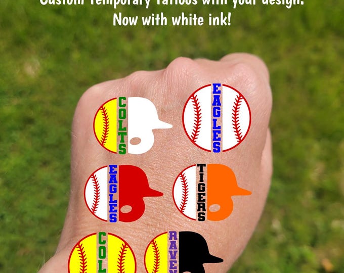 Custom Temporary Tattoos for baseball or softball - split ball batting helmet and custom text, Team Spirit, School colors, tournament gift