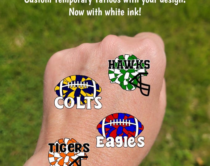 Custom Temporary Tattoos for football games - cheerleader tattoos with pom pom filled football and helmet, Team Spirit, High School colors