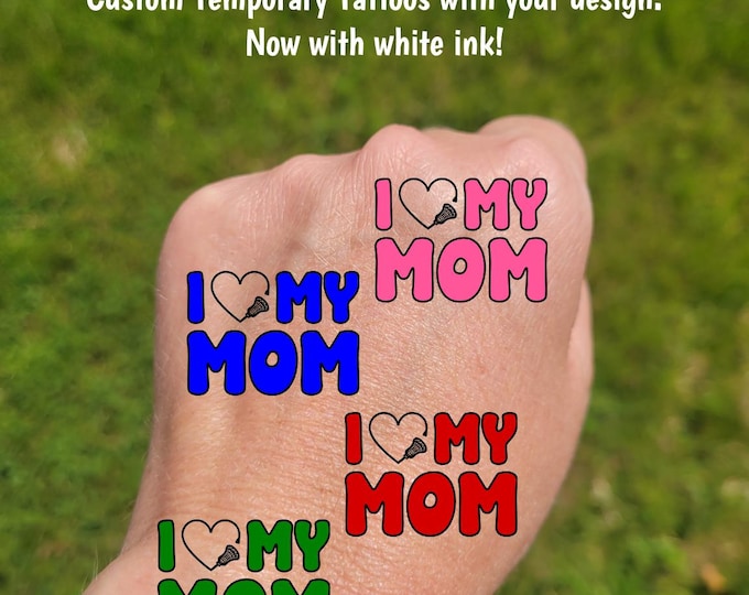 Custom Temporary Tattoos for Mother's Day - lacrosse stick heart with MOM, I love my Mom, Team colors, travel team tournament, lax mom gift