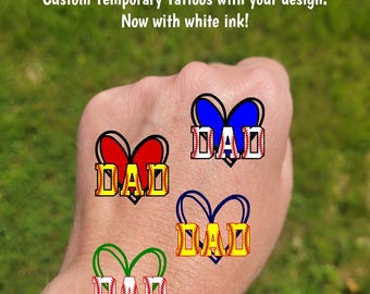 Custom Temporary Tattoos for Father's Day - heart with baseball or softball DAD, Team Spirit, School colors, spring tournament, baseball dad