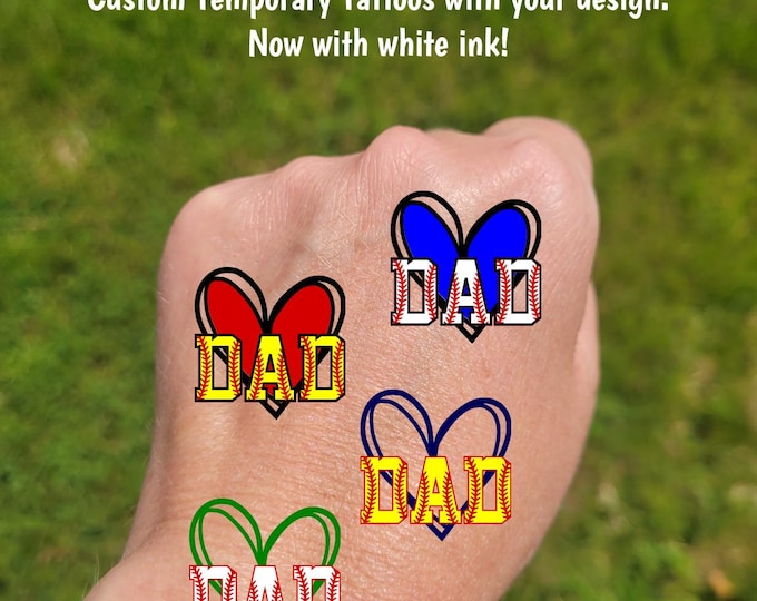 Custom Temporary Tattoos for Father's Day - heart with baseball or softball DAD, Team Spirit, School colors, spring tournament, baseball dad