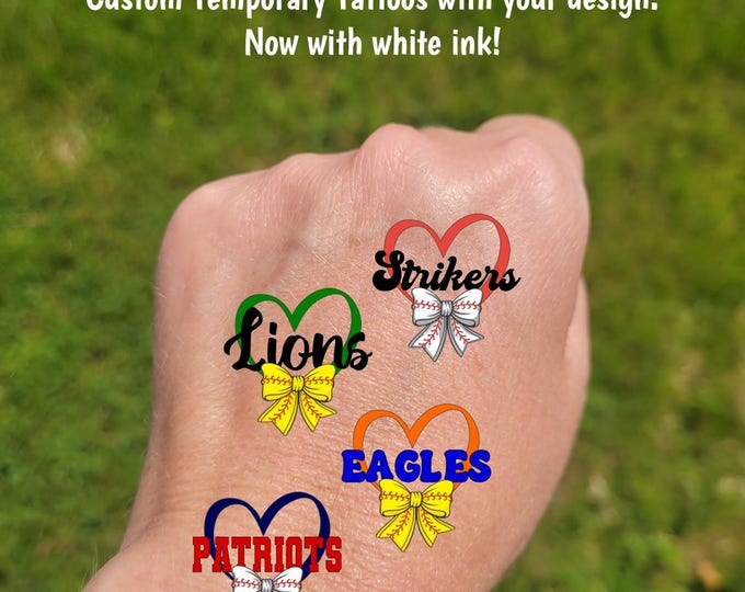 Custom Temporary Tattoos for baseball or softball - heart with softball or baseball coquette bow and custom text, Team Spirit, tournament