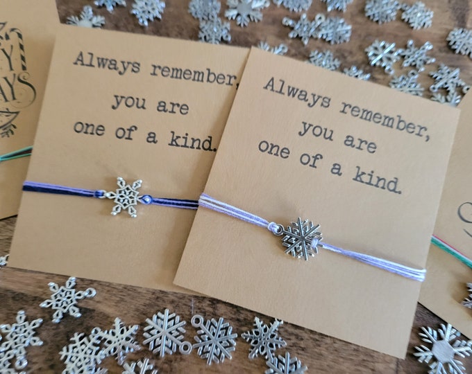 Snowflake bracelet and gift card - adjustable bracelet or anklet, snowflake jewelry, holiday gift, stocking stuffer, Christmas gift kids