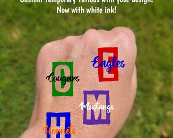 Custom Temporary Tattoos for sports games - custom text for school, team, mascot, Team Spirit, School colors, cheer team, football, baseball