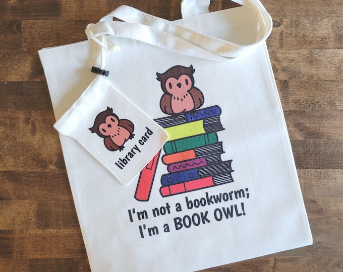 Owl themed My First Library Tote Bag and Library Card Pouch, young bookworm birthday gift, bookish gift for child, animals with books