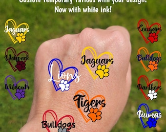 Custom Temporary Tattoos with heart and paw print - cheerleader tattoos with paw, Team Spirit, School colors, High school, tigers, cougars