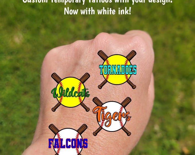 Custom Temporary Tattoos for Softball / Baseball / Tee ball - Team Spirit, School Spirit, Birthday Party Favors, High school fan essentials